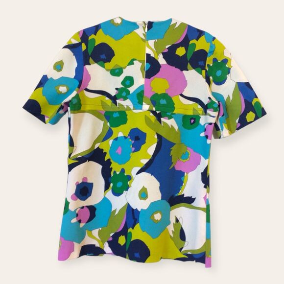 60s Mod Print Top Blue Green Short Sleeve Vintage S - Picture 2 of 4